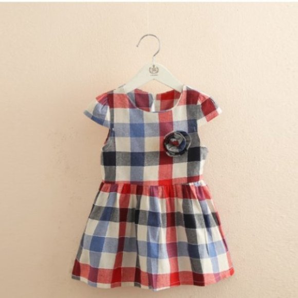 NWT Blue Red Grey Plaid Dress w Flower Pin Age 3 - Picture 1 of 11